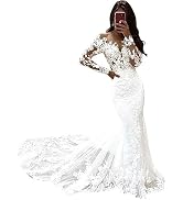 Flihodaputa Long Sleeve Mermaid Lace Wedding Dresses for Women 2024 Deep V Neck Beach Wedding Gown