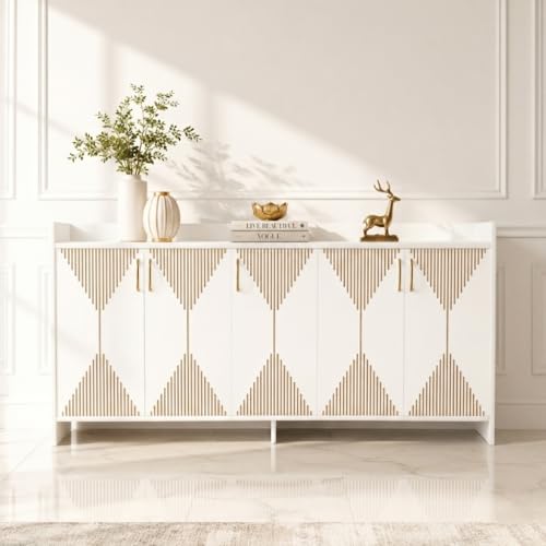 Image of Spyder Craft Mid-Century Modern 5-Door Sideboard Buffet - Geometric Diamond Pattern Credenza with Gold Hardware & Tapered Legs - Large Wood Storage Cabinet for Living Room, Dining Room- White