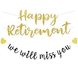 Pre-strung Happy Retirement & We will miss you Banner, Pre-strung on 8 ft Strand Black Gold Glitter Retirement Party Decorations Sign, Going Away Party Farewell Party Supplies and Gifts for Coworker, Men Women