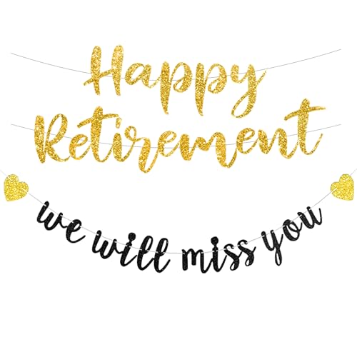 Image of Pre-strung Happy Retirement & We will miss you Banner, Pre-strung on 8 ft Strand Black Gold Glitter Retirement Party Decorations Sign, Going Away Party Farewell Party Supplies and Gifts for Coworker, Men Women