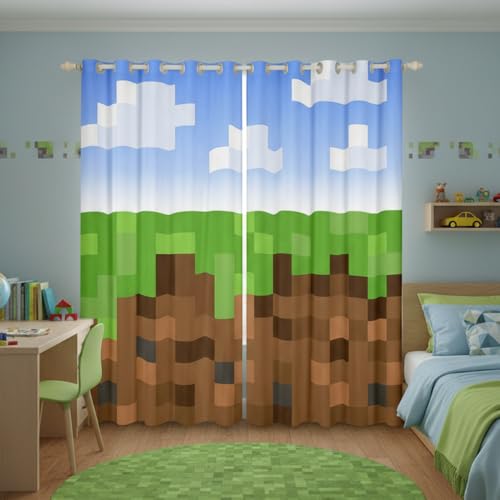 Castle Fairy Pixel Grid Miners Window Curtain | Pixelated Games Window Drapes for Boys Bedroom Decor Geometric Grid Blackout Curtains Brown Green Army Camo Living Room Top 2 Panels 42Wx63L