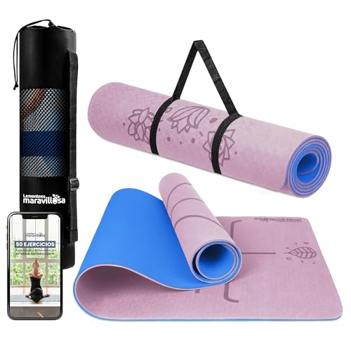 LA MENTE ES MARAVILLOSA - Esterilla de Yoga, Pilates y Fitness【E-Book, Bolsa y Correa de Hombro】Colchoneta Antideslizante TPE para Deportes, Gimnasio en Casa | 183x61 cm (Flores, Rosa/Azul)