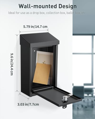 Uniclife Black Metal Donation Box Wall Mounted Mailbox with Top Slot, Collection Box with Key Lock, Safe Suggestion Box, Key Drop Box for Outside, Steel Cash Drop Box for Home Office and Business