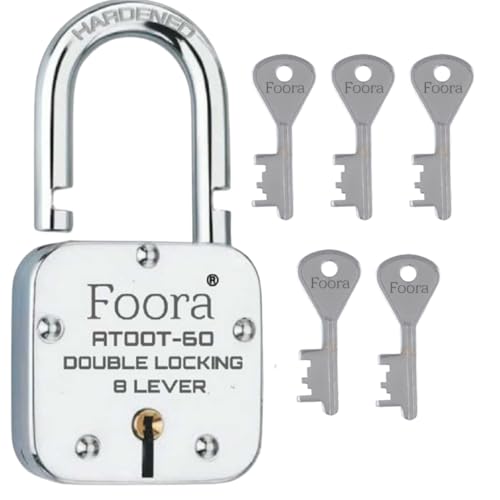 Image of Foora ATOOT-60 Double Locking Padlock, 8 Lever Security, Hardened Shackle, 60mm, 5 Keys, Silver