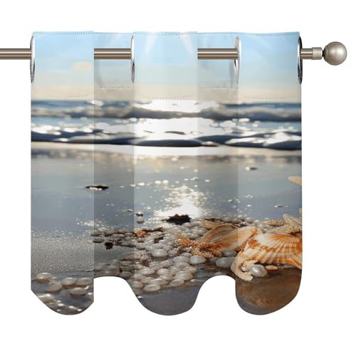 Cortinas opacas cortas con bolsillo para cortinero y estampado de conchas de playa 6