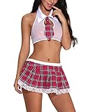 FEOYA Damen Sexy Schulmädchen Outfit Slutty Dessous Unterwäsche für Sex Tartan Minirock Hellrot XXL