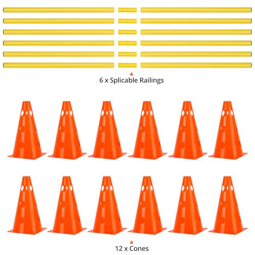 QWORK® Juego de Vallas Deportivas 12 Conos + 6 Barras de Agilidad, 23 cm de Altura, 100 cm de Longitud, Juego de Vallas para Entrenamiento de coordinación - imagen 4