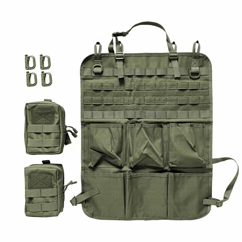 Taktischer Autositz Organizer - 46x60cm taktische Sitzrücken-Organizer mit 6 Taschen & MOLLE-System , 2 Abnehmbare Taktische Gürteltasche, 4 D-Haken - Ideal für Camping, Reisen & Outdoor (Olivgrün)