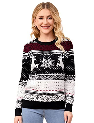 Image of MISSKY Family Christmas Sweater Crew Neck Reindeer Snowflakes Knitted Pullover for Women /Men /Kids
