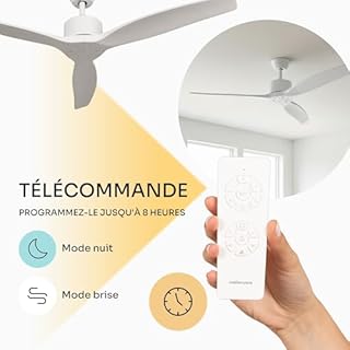 Mellerware - Ventilateur de plafond avec télécommande Brizy! 45W | Puissant | Ultra silencieux | 3 lames | Diamètre 132cm | 6 vitesses | Refroidissement + LED intégrée | Blanc