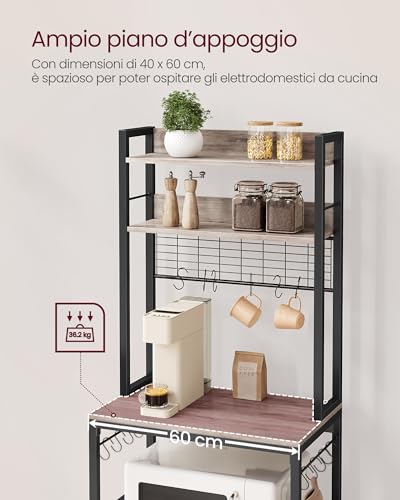 VASAGLE Scaffale Cucina con Multipresa, Scaffale per Microonde, Mobile Cucina, con Pannello a Rete Metallica, 14 Ganci, 40 x 60 x 170 cm, Greige e Nero KKS037B02EU - Immagine 5
