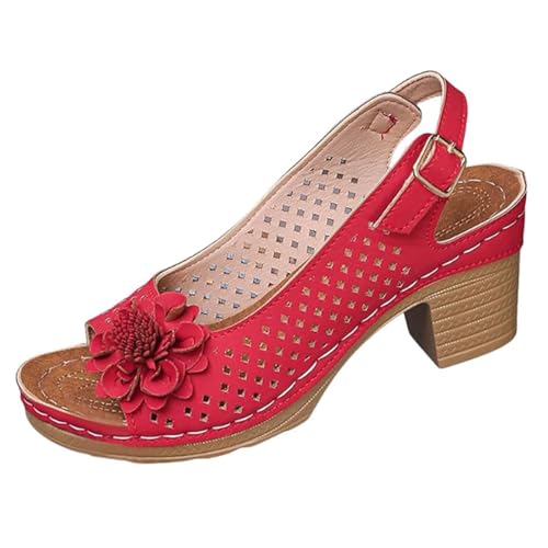 Buckled Square Heel Sandals for Women, Fashionable Mesh & Leather, Summer Low Slingback Peep Toe Wedge Shoes (Red,32)