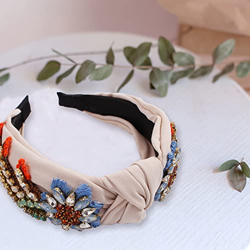 Rhinestone Crystal Knotted Headbands For Women, Fashion Hair Hoop Headband Accessories Girl Headwear, Handmade Jewelry Hairband (Beige) #TOP3