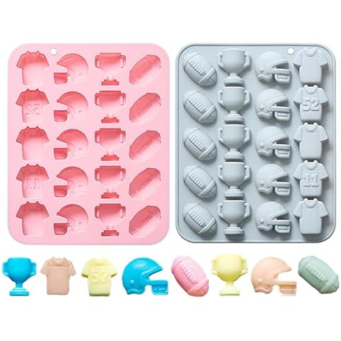 2 Pack of 20-Cavity Football Chocolate Mold, Silicone Candy Mold, Jelly Mold and Ice Cube Trays with Rugby Theme Football, Trophy, Helmet and Jersey - Reusable and Non-stick Baking Molds Cover