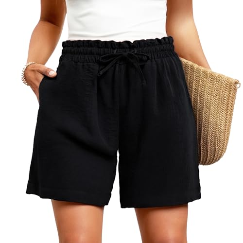 Srvak Damen Bermuda Shorts Knielang Freizeit Sommerhose, Bermudas Leinen Sommer Shorts Damen mit Taschen Lässig (DE/NL/SE/PL, Alphanumerisch, M, Regular, Regular, Standard, Schwarz)