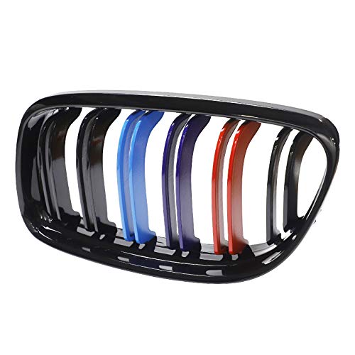 JUEDIMA E91 Grille - Gloss Black M-Color Front Replacement Kidney Grille Grill Compatible with 2009 2010 2011 BMW E90 | E91 3-Series Sedan/Wagon Twin Slat Fins Grille