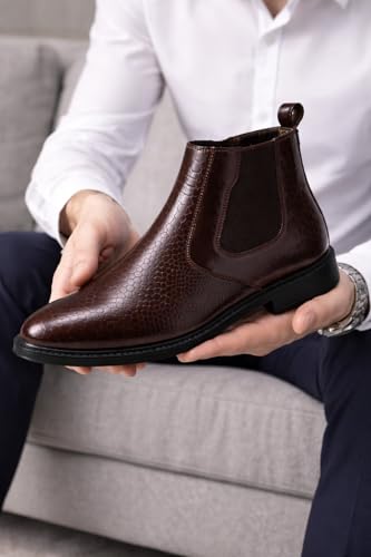 Image of Men's Leather Chelsea Boots | Ankle Boots with Textured Finish Formal & Smart Casual Boots | Comfortable Fit, Trendy, Stylish Boots | Leather Boots for Office /Fashionable