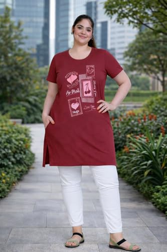 Image of RYSH Women's Printed Cotton Plus Size Longline T-Shirt with Pockets | Cotton fabric - soft longline T-shirt with easy plus-size fit