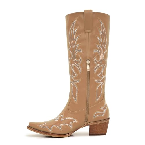 Image of Uillnoodu Women's Turquoise Cowgirl Boots - Wide Calf Mid Calf Western Boots Plus Size Embroidered Cowboy Style with Block Heel