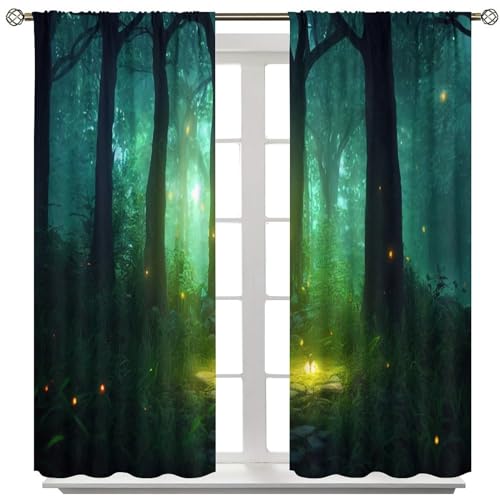 SHElifestyle Fantasy Magic Forest Curtains, Night Gothic Mist Landscape Fireflies Grass Lights Dreamy Foggy Forest Window Treatments Drapes for Bedroom Living Room W84 X L84