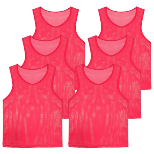 Pinnies Set of 6,Mesh Practice Jersey Scrimmage Vest Team Football Soccer Training Bibs for Sports Adult Child Youth (Red, Youth/Adult)