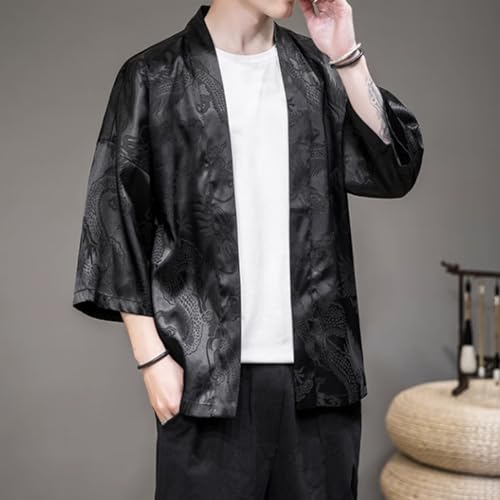 HZCX FASHION Mens Silk Satin Robe Summer Lightweight Dragon Kimono Shirt Cardigan Open Front 3/4 Sleeve Hanfu Chinese Jacket3