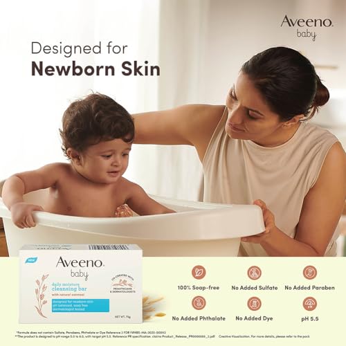 Image of Aveeno Baby Daily Moisture Cleansing Bar 75g (Pack of 2) | With natural Oatmeal, Glycerin and Shea Butter | Co-created with Pediatricians and Dermatologists for newborn sensitive skin | pH balanced, free of soap, parabens sulfates and phthalates