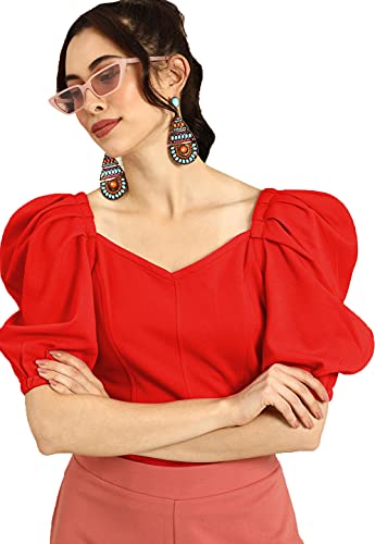 Image of Lymio Women's Crop Red Color V Neck Half Sleeve Polyester Solid Top