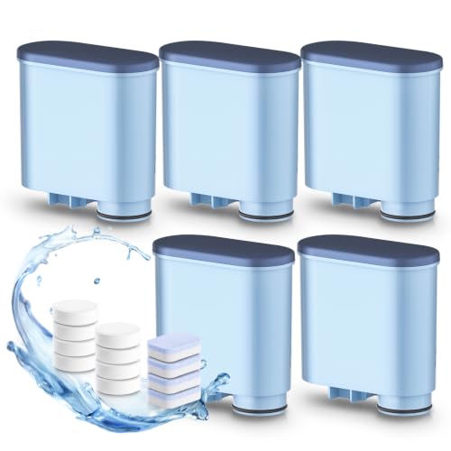 Filswa Kit de Lot de 5 filtre à eau compatible avec machines à café Philips | 4 tablettes de détartrage 8 tablettes de nettoyage pour Philips 1200/2200/3200/4300/5400,CA6903/10 CA6903/22 CA6707/20 Filtre