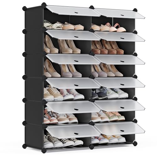 SONGMICS Zapatero, 12 Compartimentos, Zapatero Delgado para Entrada con Puertas, Armario Modular en Plástico y Estructura Metálica, 31 x 83 x 105 cm, Negro LPC26HV1