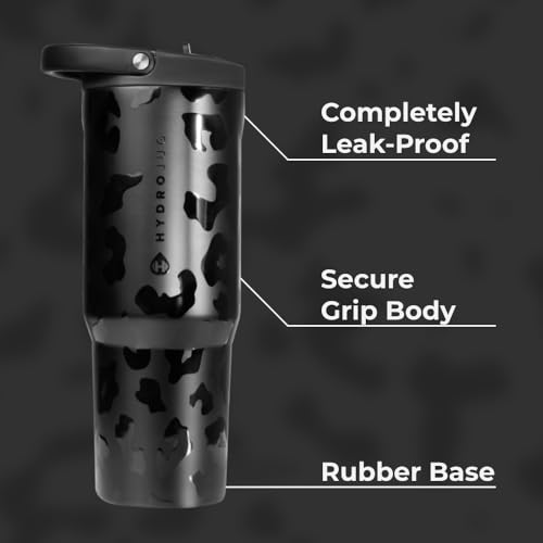 Image of HydroJug Sport - Stainless Steel Tumbler with Straw, Vacuum Insulated, 40oz Leakproof Water Bottle, Ergonomic Design, Reusable, Dishwasher Safe, Rubber Base, Durable for Gym or Outdoors, Black Leopard
