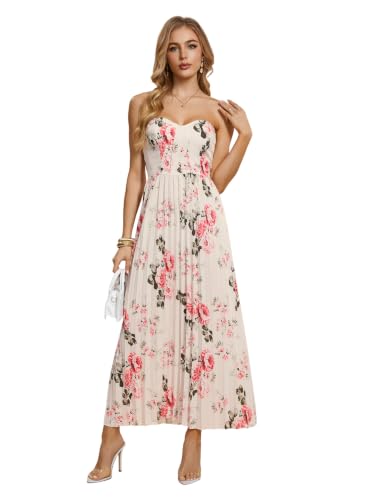 OYOANGLE Women's Summer Floral Wedding Guest Cocktail Party Prom Dress | Jacquard Flowers Print Tube Sleeveless Pleated A Line Dress,Summer Outfits,Fall Fashion, Light Apricot, X-Small