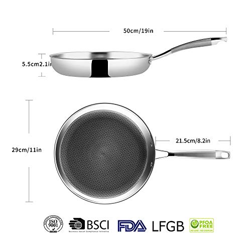 Velaze Frying Pan, 28cm 18/10 Stainless Steel Shallow Skillets Wok with Nonstick Honeycomb Coating, Fast and Even Heat Conduction, Large Flat-Bottom Cooking Pans Suitable for All Types of Cookers 2 Gallery Image