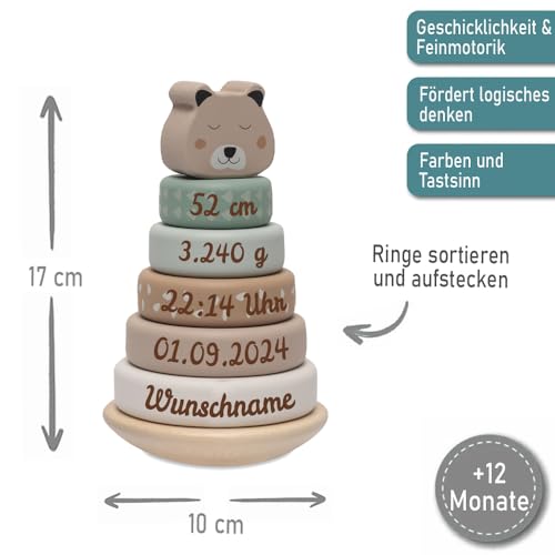 Elefantasie Stapelturm aus Holz personalisierbar mit Namen und Geburtsdaten Gravur Holzspielzeug Bär ab 12 Monaten