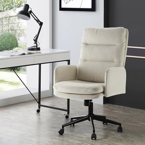 Image of IWMH Swivel Home Office Chair,High-Back Armchair,Makeup Chair with Wheels and Armrests,Height Adjustable Desk Chair Upholstered Computer Task Chair, Leisure Armchair (Beige)