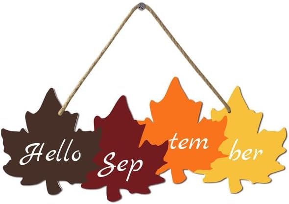 KPSheng Letrero colgante de madera con texto en inglés Hello September para colgar en la puerta, diseño rústico de hoja de arce para decoración del