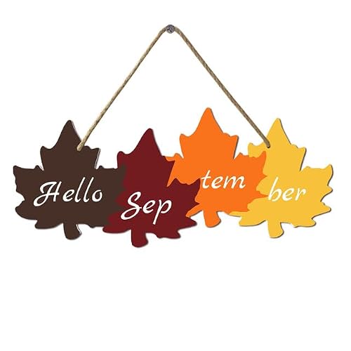 KPSheng Hello September Wooden Hanging Sign Door Hanger Rustic Maple Leaf for Home Decoration Fall Decor Sign for Living Room, Bedroom, Office,11.6In x 5.1In