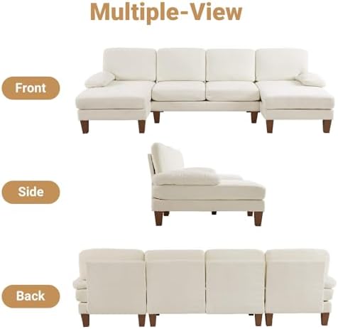 110" Sectional Couches for Living Room,U Shaped Couch with Double Chaise, 4-Seat Sofa Set with Chenille Fabric for Home Furniture,Beige — view 4
