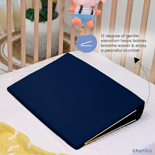 Image of Cherilo Half Size Elevated Wedge Pillow for Baby Crib & Mattress, Helps to Elevate Baby for Acid Reflux, Colic, GERD, Heat Burn & Vomiting -19 inch x 13.5 inch x 3 inch - with Removable Velvet Cover - Navy Blue