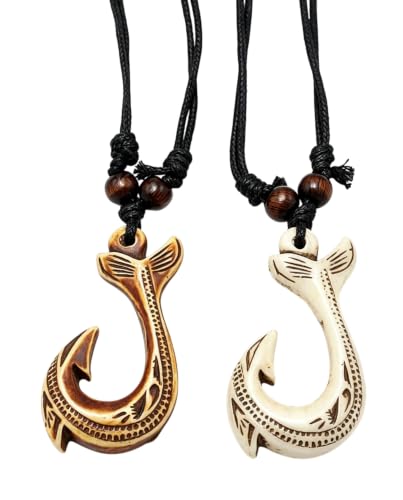 Imagen de GBEDFO 2Pcs Collar Hawaiano Hombre con Colgante Gancho de Pescado Maori Tribal Colgante de Cuero para Surfistas Playa Regalo Hippie Boho Colgante Colgante de la Suerte