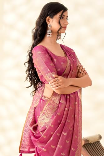 Image of SWORNOF Gold-Toned Woven Design Silk Zari Tissue Saree | Saree for Women | Soft and Skin Friendly
