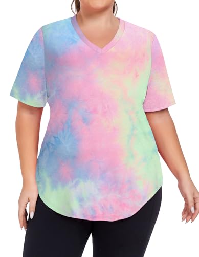 ForHailey Women's Plus Size Workout Tops V Neck T Shirts Loose Fit Yoga Clothing Summer Sport Tee XL - 5XL, Tie Dye Green & Red, 3X-Large Plus