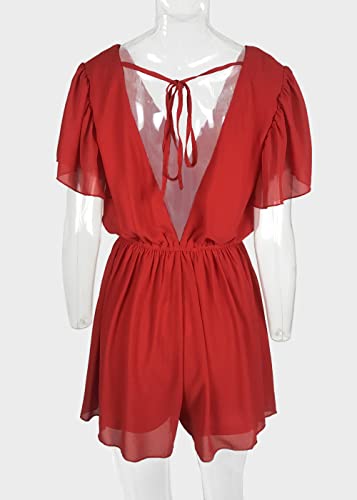 Pofash Women’s Sexy Ruffle Sleeves Deep V Neck Hollow Out Back Tie Chiffon Jumpsuit Rompers Red X-Large #TOP4