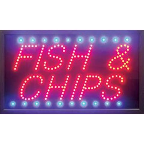 The Original =Fish and Chips= SSS® Open LED Sign Bright NEON Professional Powerful Animated Flashing Display Hanging Chain Included Signs Cover