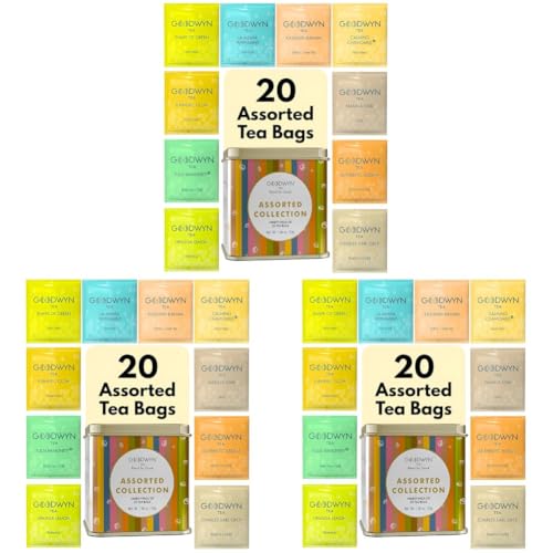 Image of Goodwyn Assorted Herbal Tea Sampler Gift Box (20 Tea Bags) - 10 Flavors x 2 Each | Tulsi, Kahwa, Turmeric, Assam, Green, Lemon, Earl Grey, Masala, Chamomile, Peppermint | Reusable Tin Can (Pack of 3)