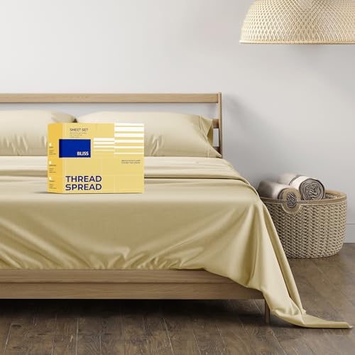 THREAD SPREAD 100% Egyptian Cotton Sheets Full Size - 600 Series Bliss Collection Sheet, 4 PC 16" Deep Pocket Full Size Sheets Sets (Sand), Soft Cooling Sateen Weave Cotton Hotel Luxury Sheet