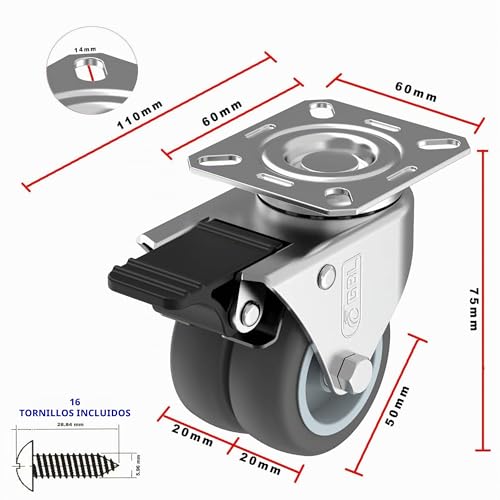 Miniatura 3 de Gbl Ruedas Para Muebles Pesados Con 2 Freno Tornillos - 50 Mm Hasta 400 Kg - 4x Ruedas Giratorias Grandes Que No Dejan Marcas De Alta Resistencia - Para Mesa Cama Mueble Canape Sofá Palets - Plata