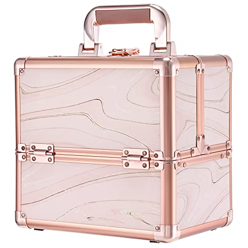 Hododou Makeup Train Case Travel Box Cosmetic Storage Organizer for Cosmetics Craft and Nail Tech Top Tray with Dividers Lockable with Keys Jewelry Storage Makeup Box Organizer, Lockable Keys Large Bottom