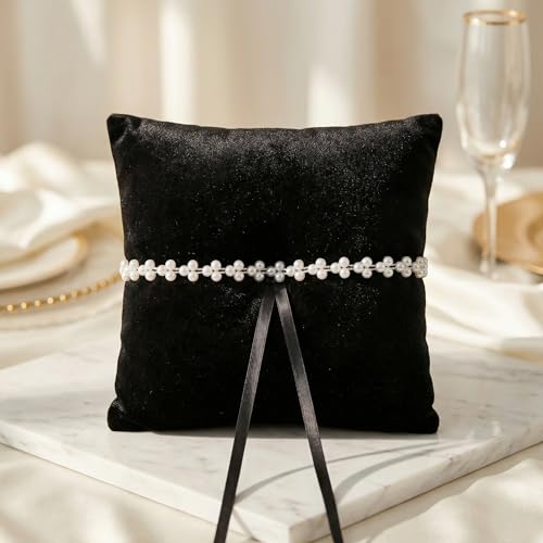 DESUNESS Black Wedding Ring Bearer Pillow with Pearl, Ring Bear Holder for Wedding Party Ceremony (Pearl) - Thumbnail 2