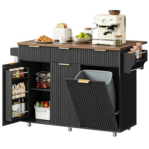 Image of CHOEZON Mobile Kitchen Island with Folding Drop Leaf Countertop, Rolling Kitchen Island Cart with Trash Can Storage, Drawers, Adjustable Shelf, Spice Rack, Towel Bar, for Kitchen, Black and Walnut